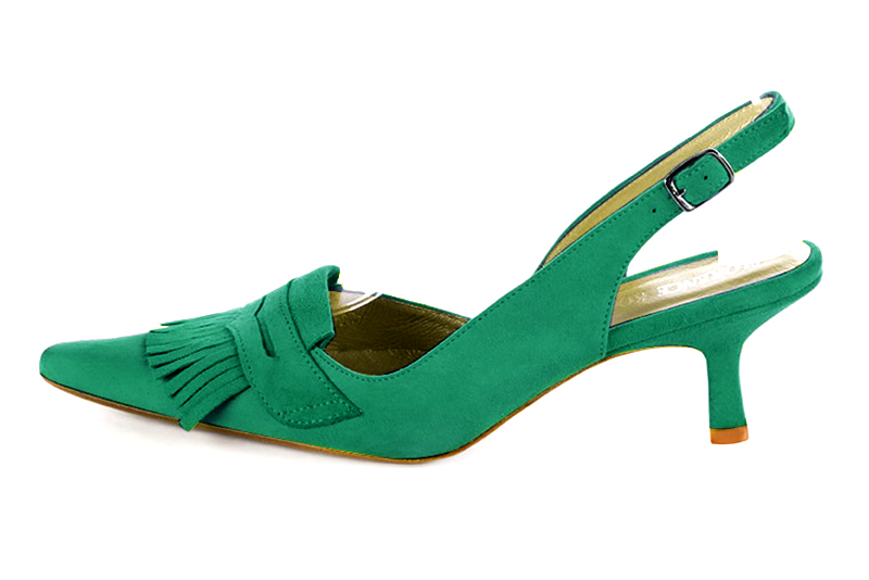 French elegance and refinement for these emerald green dress slingback shoes, 
                available in many subtle leather and colour combinations. Fans of originality will appreciate the fringes and the "Offbeat Rock" side.
To be personalized or not, with your materials and colors.  
                Matching clutches for parties, ceremonies and weddings.   
                You can customize these shoes to perfectly match your tastes or needs, and have a unique model.  
                Choice of leathers, colours, knots and heels. 
                Wide range of materials and shades carefully chosen.  
                Rich collection of flat, low, mid and high heels.  
                Small and large shoe sizes - Florence KOOIJMAN